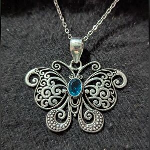 Silver Plated Blue Topaz Gemstone Butterfly Pendant Statement Necklace